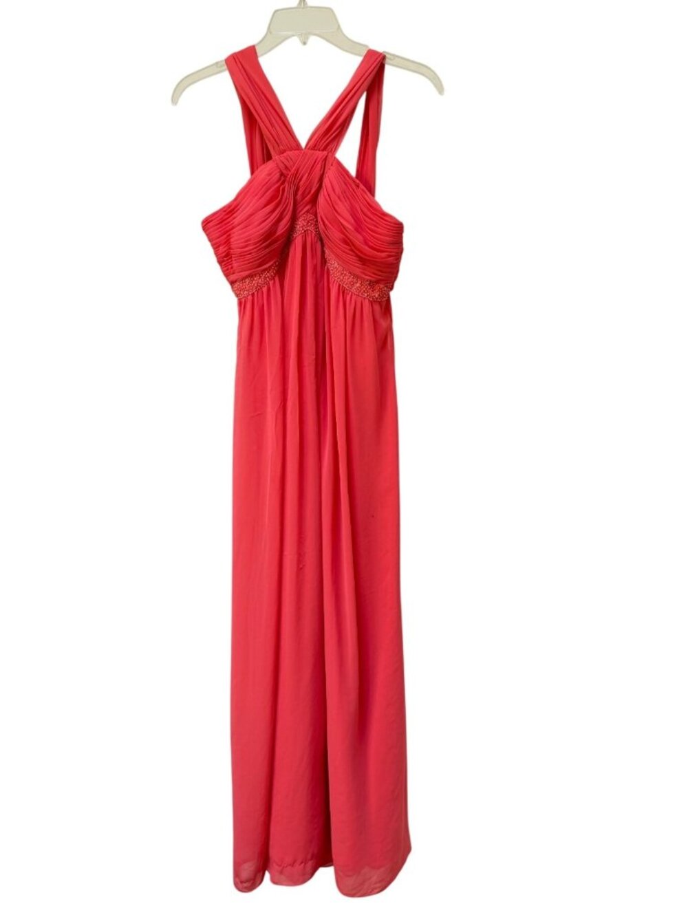 Oleg Cassini Coral Halter Evening Gown Ruched Bodice & Embellished Waist Size 8